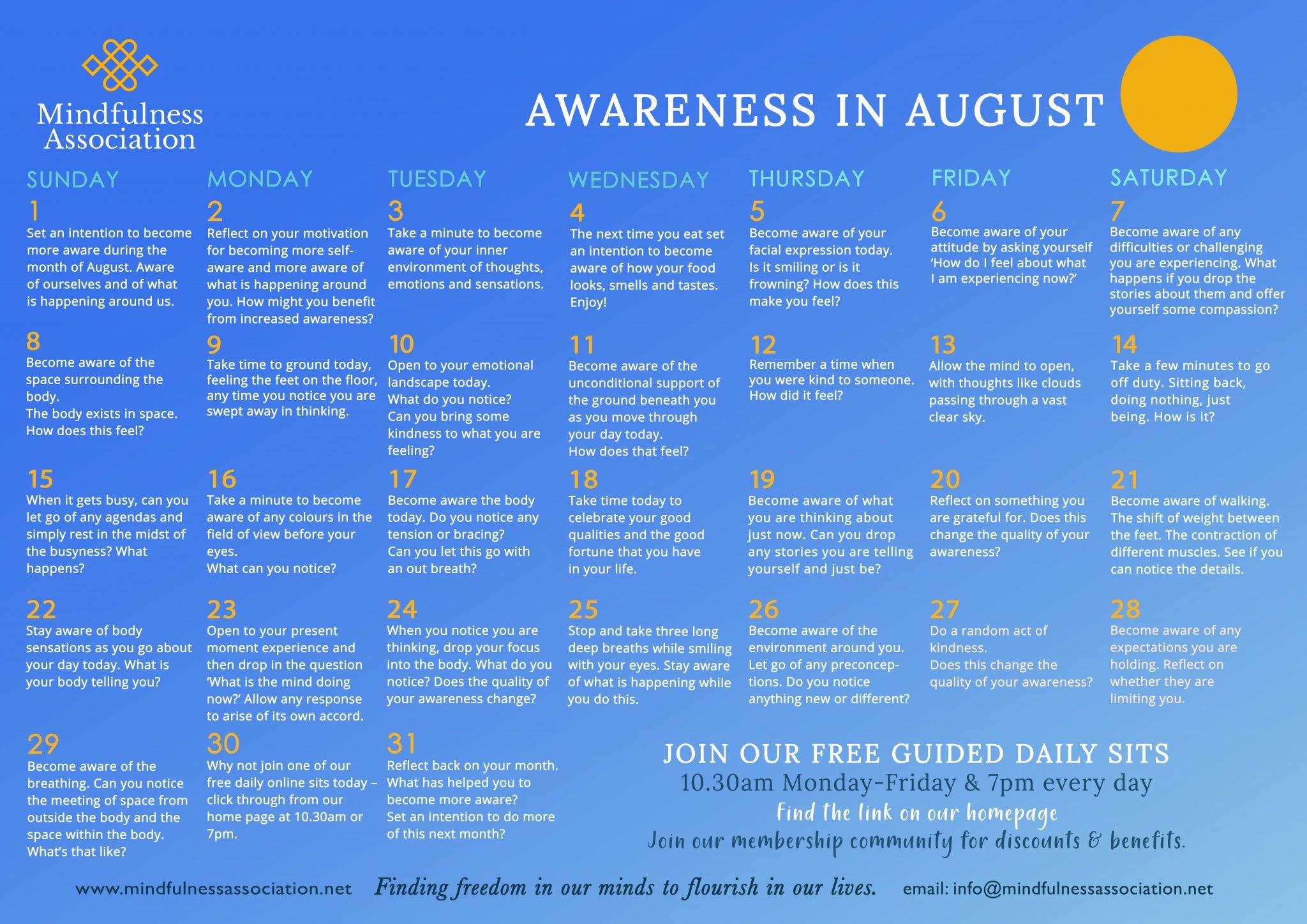 Free Awareness in August Calendar Mindfulness Association